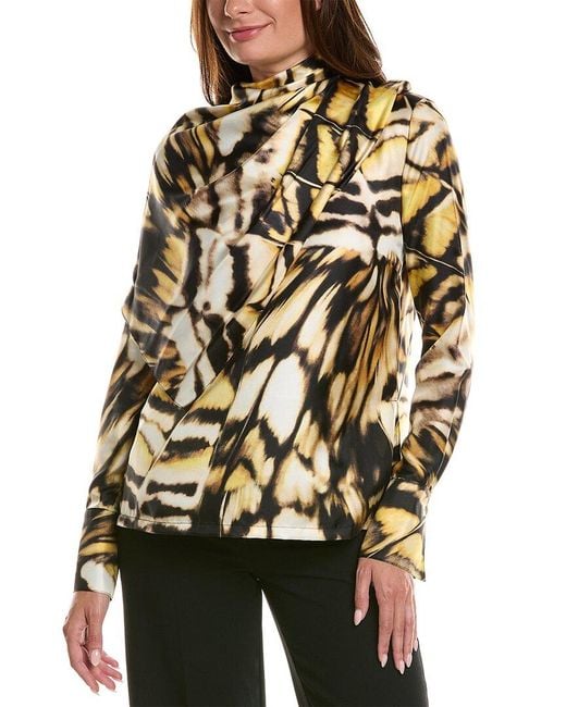 Oscar de la Renta Black Long Sleeve Butterfly Silk Twill Blouse