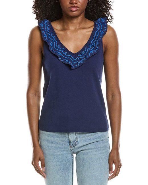 Johnny Was Blue Mixed Media Flutter Tank