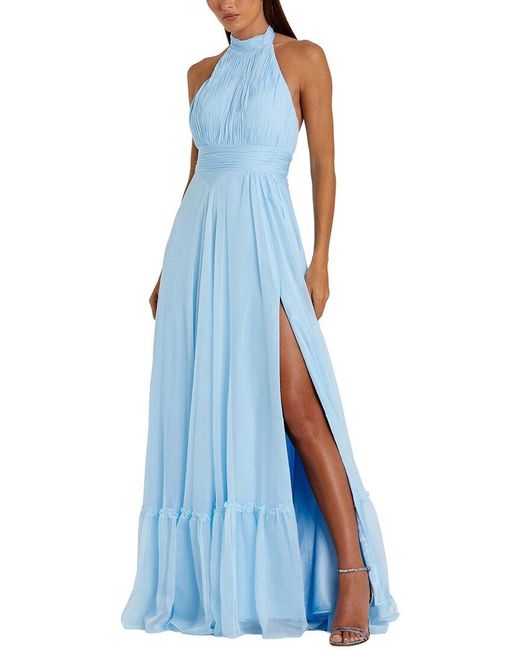 Mac Duggal Blue High Neck Tiered Chiffon Halter Gown