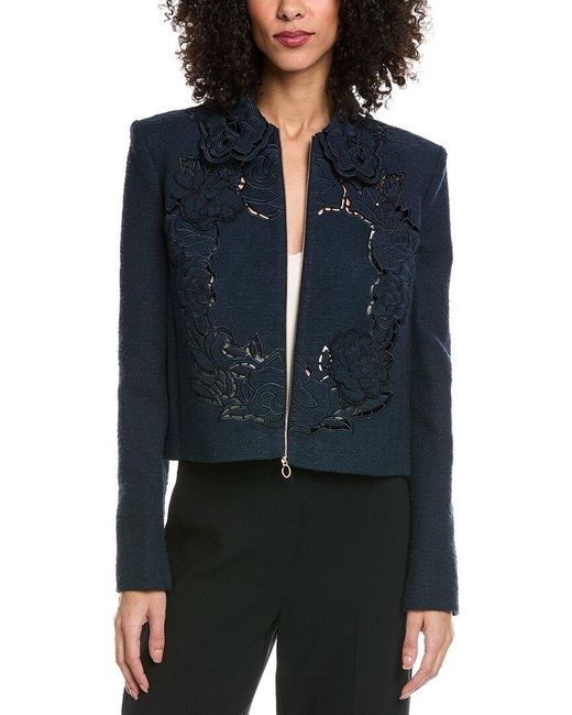Oscar de la Renta Blue Floral Detail Tweed Silk-Lined Wool-Blend Jacket