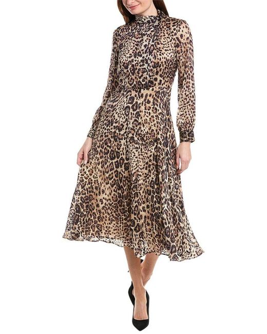 Tahari Brown Gathered Cutout Silk-Blend Midi Dress