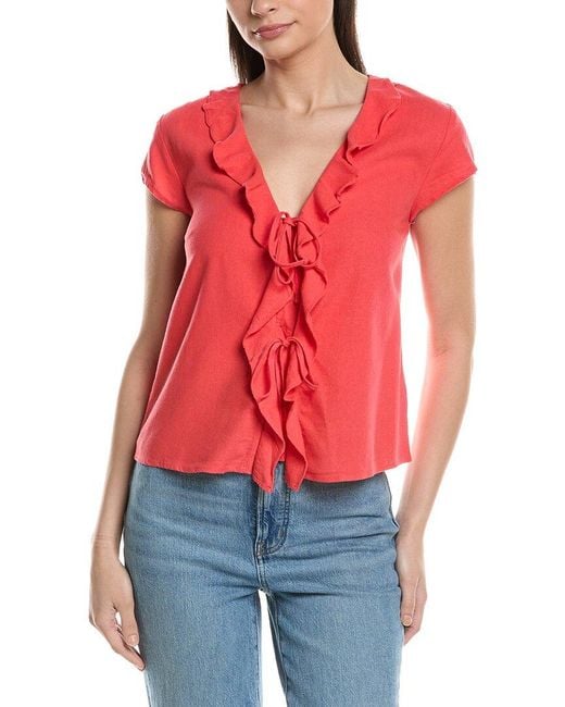 Ellen Tracy Red Linen-Blend Ruffle Tie Front Top