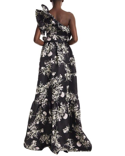 Monique Lhuillier Black One Shoulder Ruffle Silk Gown