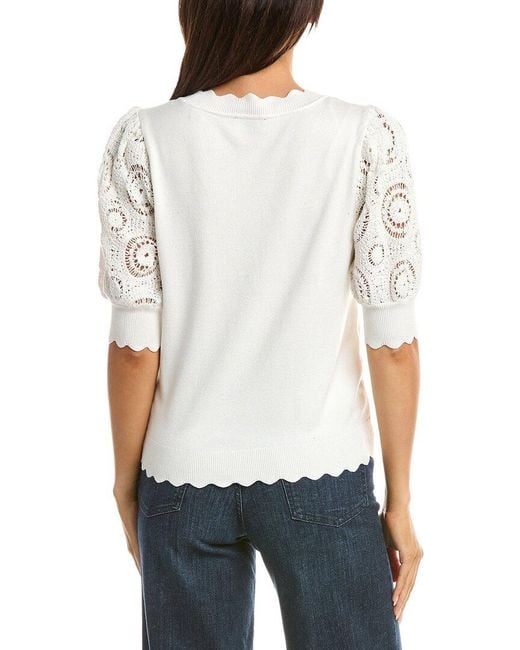 Tahari White Elbow Crochet Scallop Edge Top