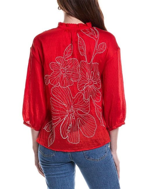 Vince Camuto Red Wide Pleat Collar Oversized Blouse