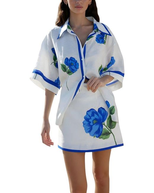 AMINA GLAM Blue 2Pc Linen-Blend Shirt & Skirt Set