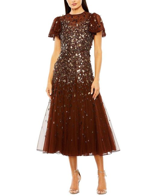Mac Duggal Brown Flutter Sleeve Sheer Top Beaded Dress