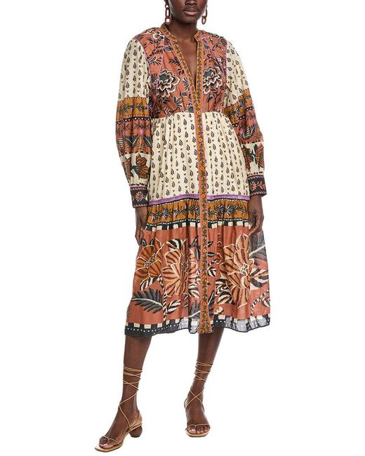 Farm Rio Brown Ainika Floral V Neckline Midi Dress