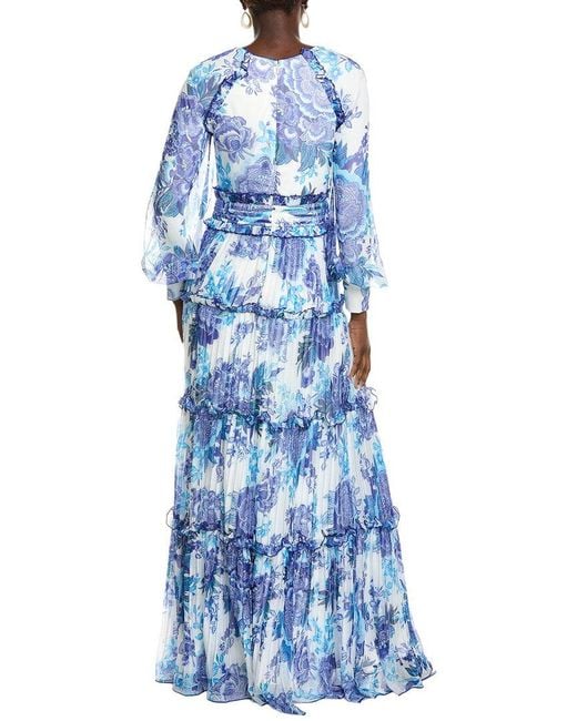 Tadashi Shoji Blue Atlas Pleated Floral Print Gown