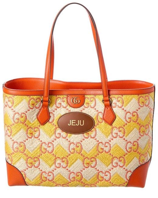 Gucci Orange Ophidia Straw & Leather Tote