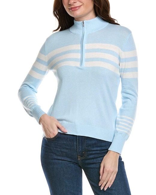 Hannah Rose Blue Stripe 1/2-Zip Cashmere-Blend Pullover