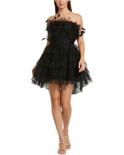 Mac Duggal Black Feathered Tulle Fit & Flare Mini Dress