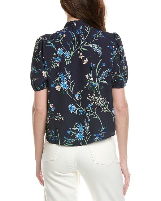 Cece Blue Shirred V-Neck Bow Tie Blouse