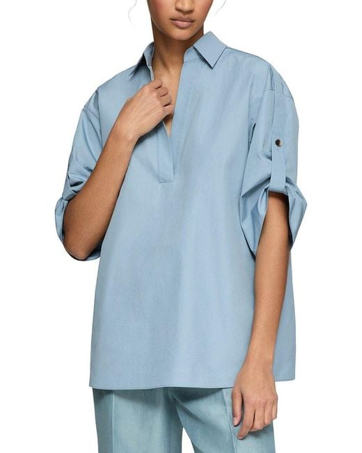 Lafayette 148 New York Blue Tab Sleeve Popover Shirt