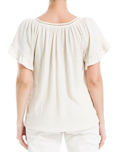 Max Studio White Flutter Sleeve Crochet Yoke Knit Top
