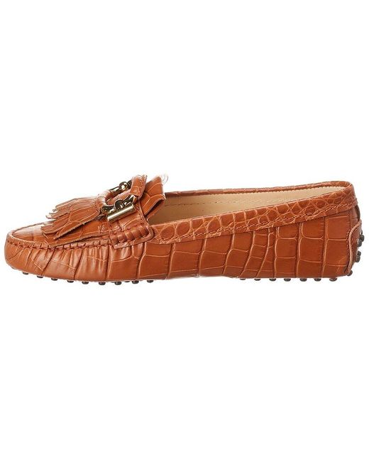 Tod's Brown Croc-embossed Fringe Leather Mocassin