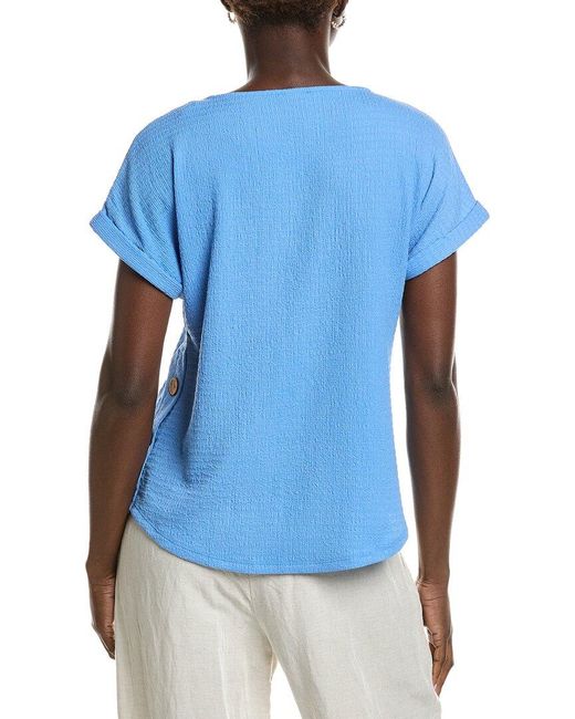 Jones New York Blue Seabreeze Crinkle Side Button Top