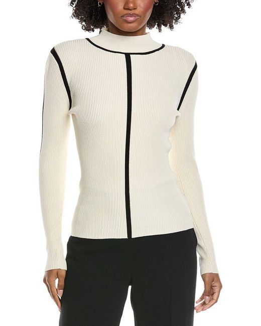 Tahari White Mock Neck Novelty Contrast Sweater