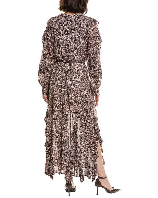 Farm Rio Brown Baby Leopard Long Sleeve Angled Frill Maxi Dress