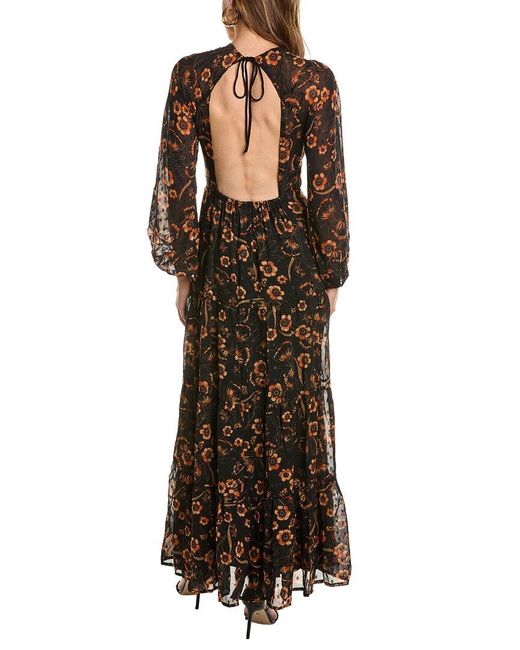 Astr Brown Floral Metallic Clip Dot Tiered Maxi Dress