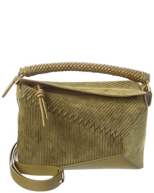 Loewe Green Puzzle Small Suede Shoulder Bag