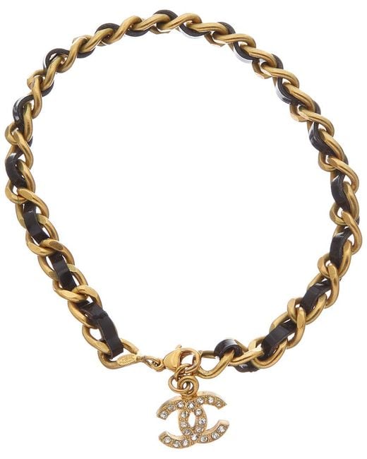 Chanel Gold-tone & Black Leather Cc Anklet in Metallic