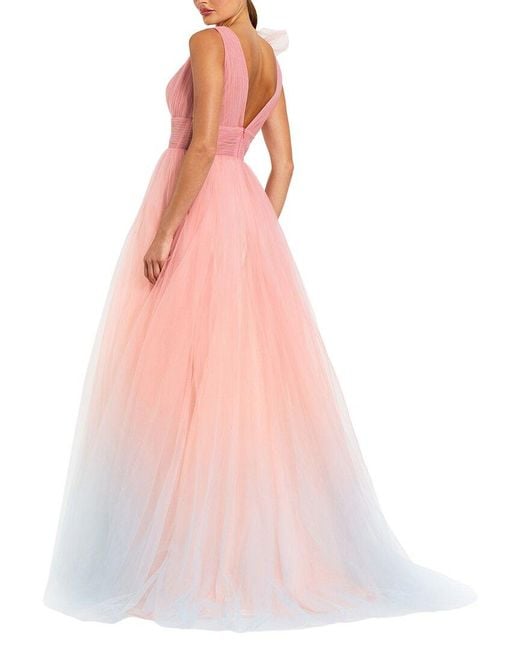 Mac Duggal Pink Ruffle Shoulder V Neck Ombre Tulle Ballgown