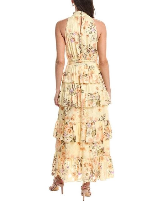 Anne Klein Metallic Tiered Halter Ruffle Chiffon Floral Maxi Dress