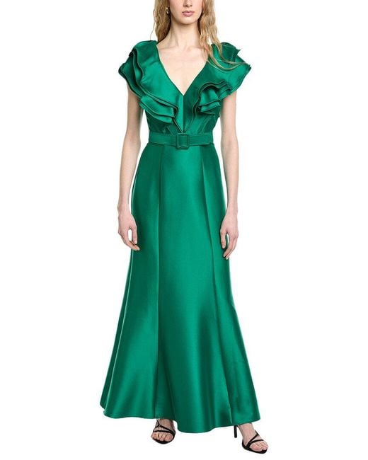 Badgley Mischka Green V-Neck Ruffle Gown