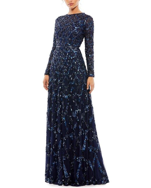 Mac Duggal Blue Embellished Illusion High Neck Long Sleeve A-Line Gown