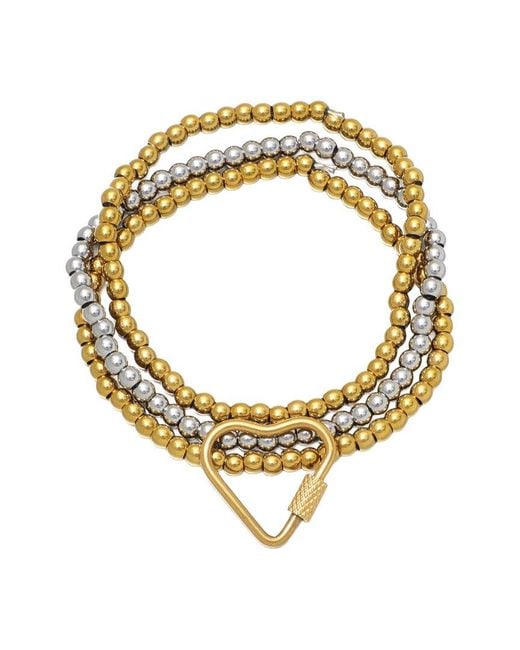 Adornia Metallic Tarnish Resistant 18K Plated And Bead Bracelet With Heart Lock Set