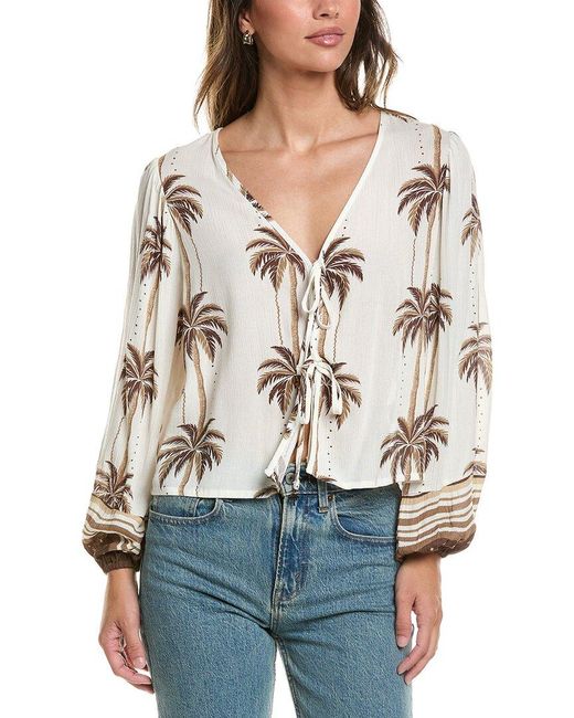 Surf Gypsy Natural Printed Balloon Sleeve Tie Front Top