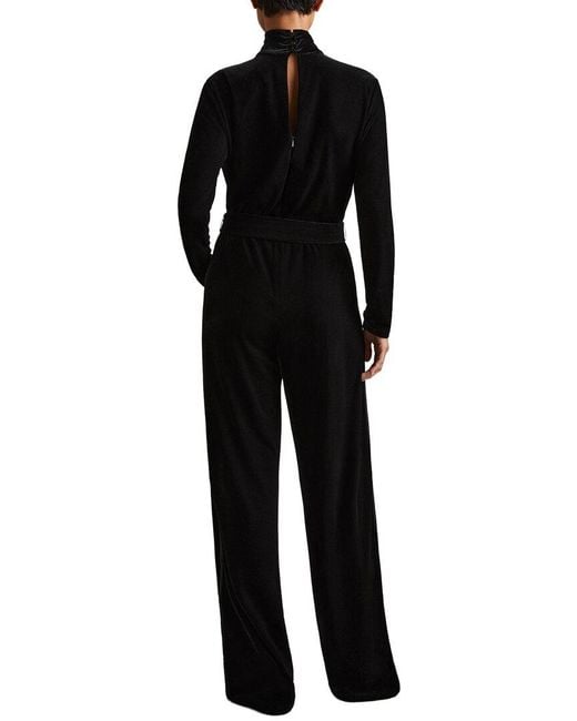 Reiss Black Vera Wrap Neck Velvet Jumpsuit