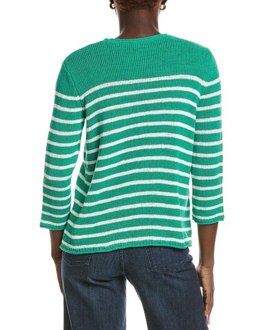 Jones New York Green 3/4 Sleeve Striped Open Crewneck Top