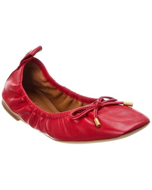 Tory Burch Red Square Toe Bow Leather Ballet Flat