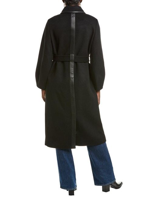 Mackage Black Zeva Leather-Trim Wool Trench Coat