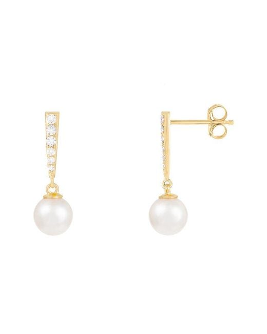 Splendid White 14K 0.12 Ct. Tw. Diamond & 6-6.5Mm Pearl Dangle Earrings
