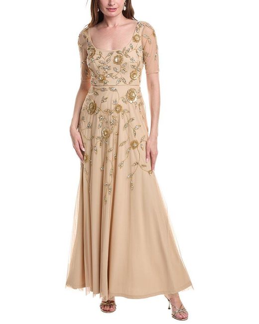 Adrianna Papell Natural Bead Mesh Long Dress