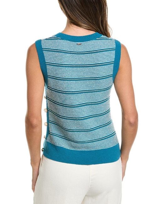 St. John Blue Crew Side Placket Wool-Blend Tank
