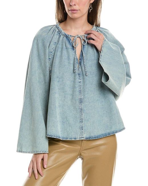 FRAME Blue Shirred Linen-Blend Blouse