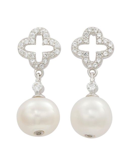 Suzy Levian White Created Sapphire & 8Mm Pearl Clover Dangle Earring