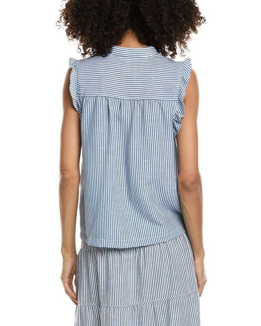Max Studio Blue Ruffle Sleeve Split Neck Top