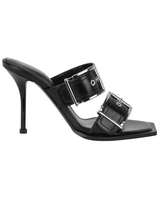 McQueen Black Double Buckle Punk Leather Mule