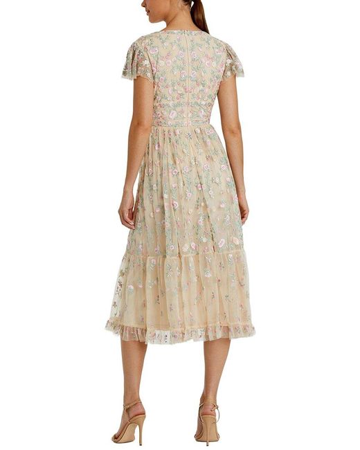 Mac Duggal Natural Embroidered V Neck Cap Sleeve Midi Dress