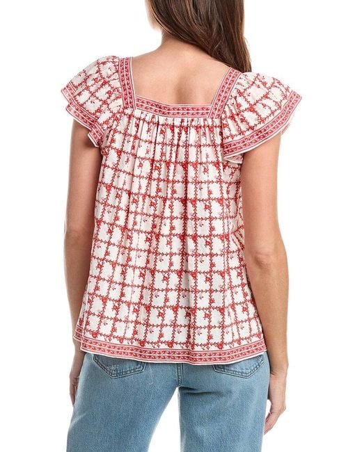 Max Studio Red Square Neck Flutter Sleeve Blouse