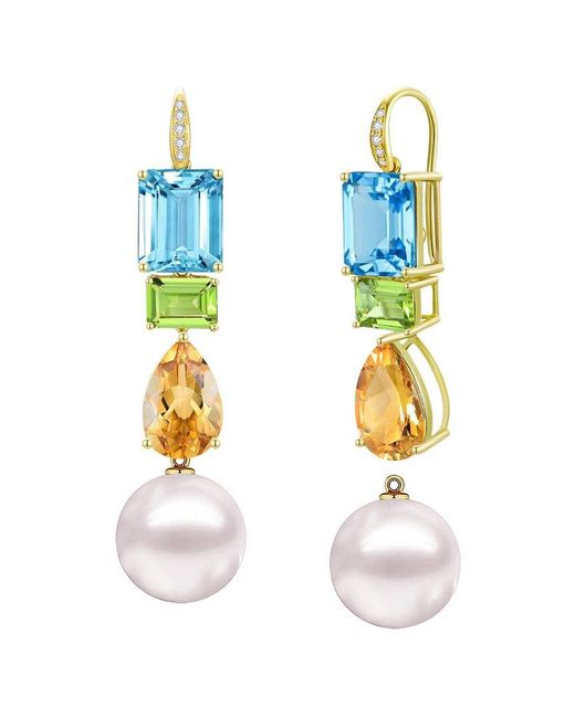 Kai Fine Jewelry White 14K 13.65 Ct. Tw. Diamond & Gemstone & 12-13Mm Pearl Drop Earrings