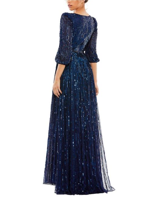 Mac Duggal Blue Sequined Mesh V-Neck A-Line Gown
