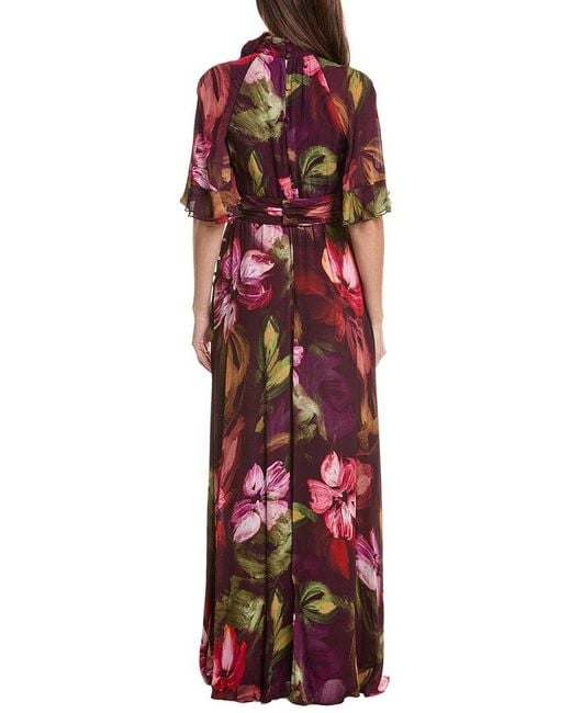 Teri Jon Red Chiffon Floral Flutter Sleeve Maxi Gown