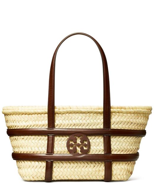 Tory Burch Metallic Ella Small Raffia & Leather Basket Tote