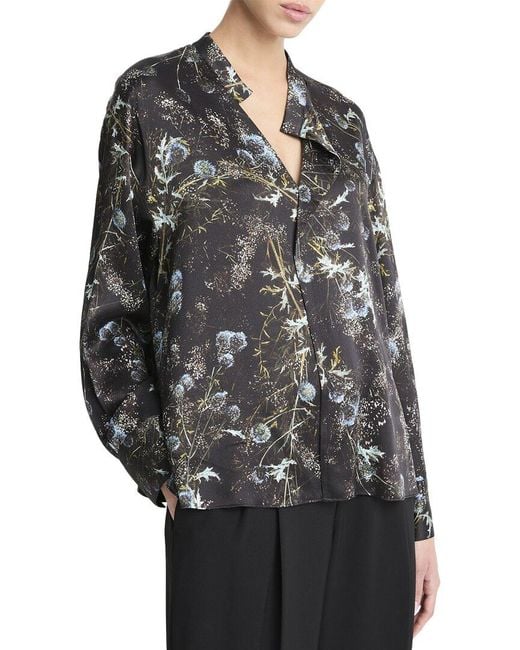 Vince Black Thistle Draped Collar Silk Blouse